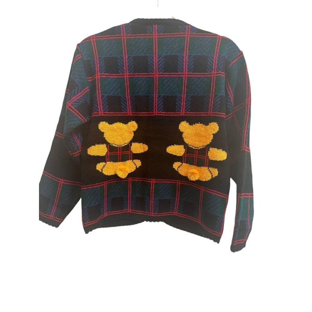 Tally Ho Sweater Cardigan Vtg 90s Plaid Teddy Bear Knit Womens Small - Picture 8 of 9